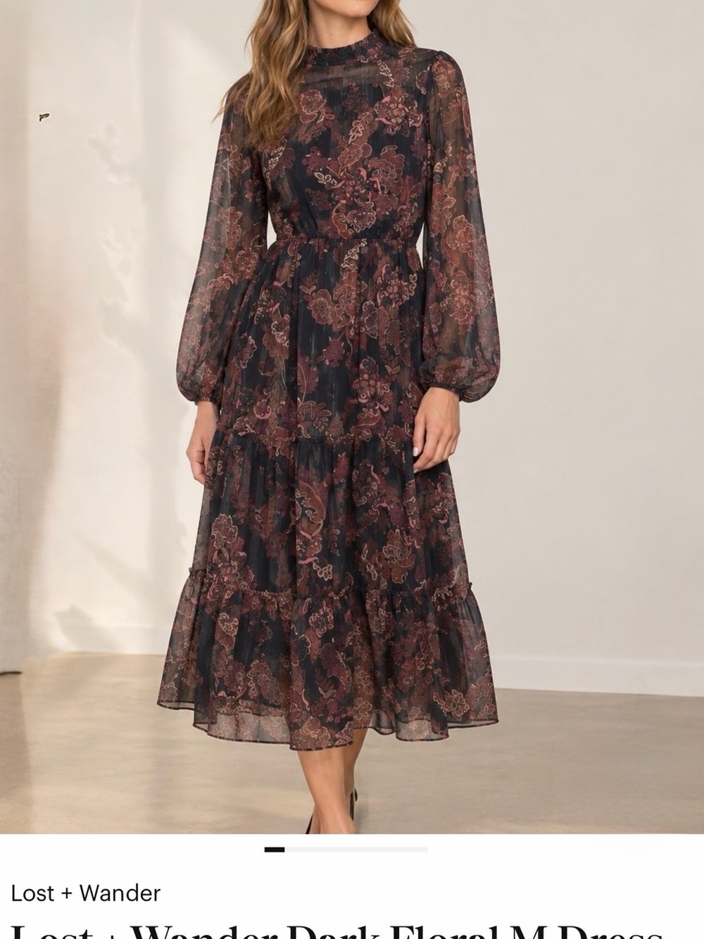 Lost + Wander Dark Floral Tiered Midi Dress in Navy & Burgundy